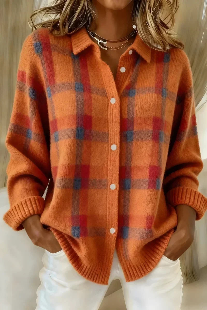 Plaid Button Up Knit Cardigan