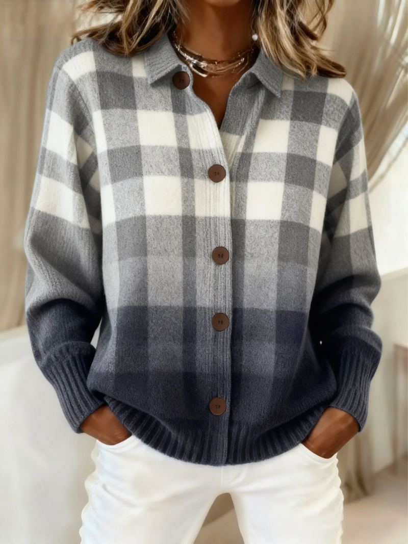 Gray Ombre Plaid Button Front Cardigan